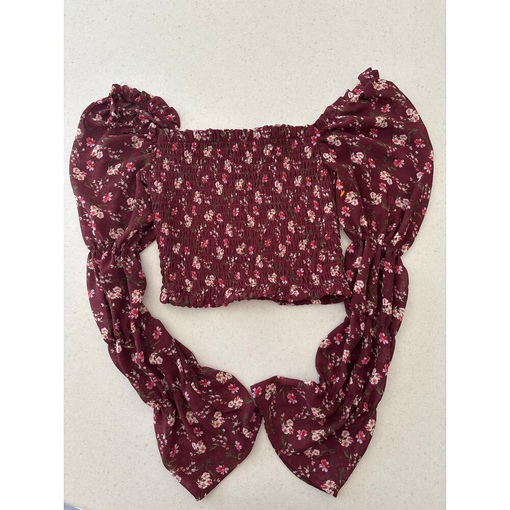 Wild Fable Floral Smocked Crop Top XS Burgundy Long Sleeve Cottagecore Blouse - Picture 3 of 12
